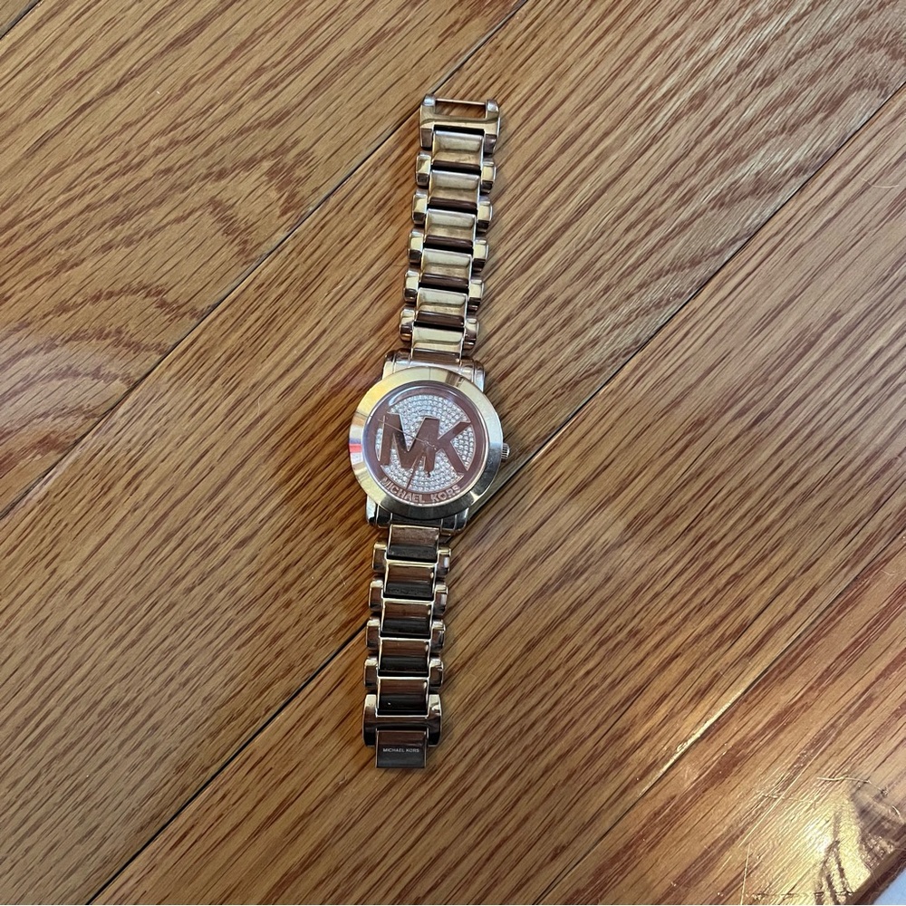 Michael Kors Rose Gold Tone Logo Bracelet Watch with Crystal Dial